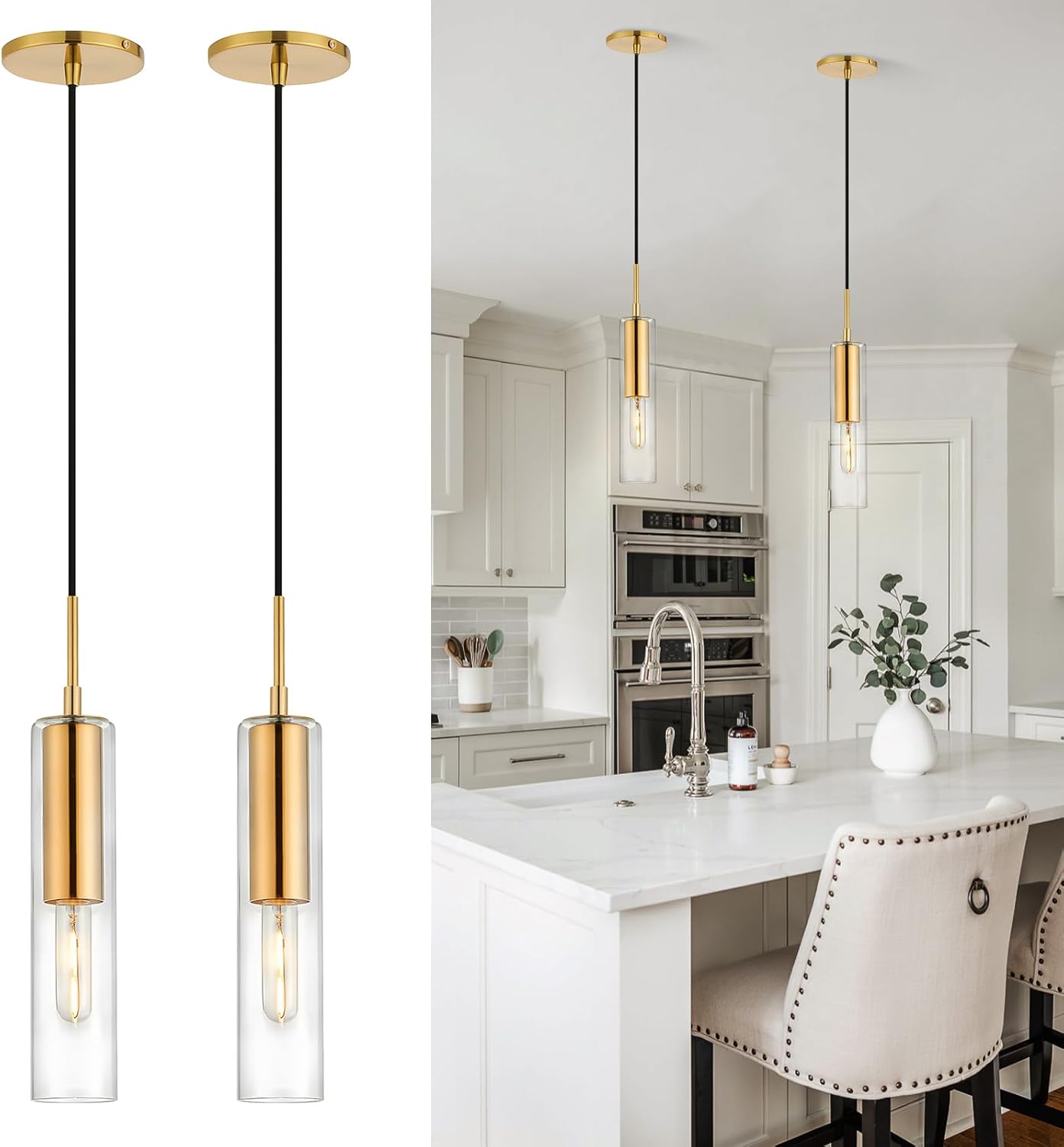 Jonsi Glass Cylinder Pendant Light, Brushed Gold Island Lights for Kitchen,1-Light Mini Pendant Light Fixtures with Clear Glass Shade, Modern Hanging Lights for Stairway, Hallway, Entryway