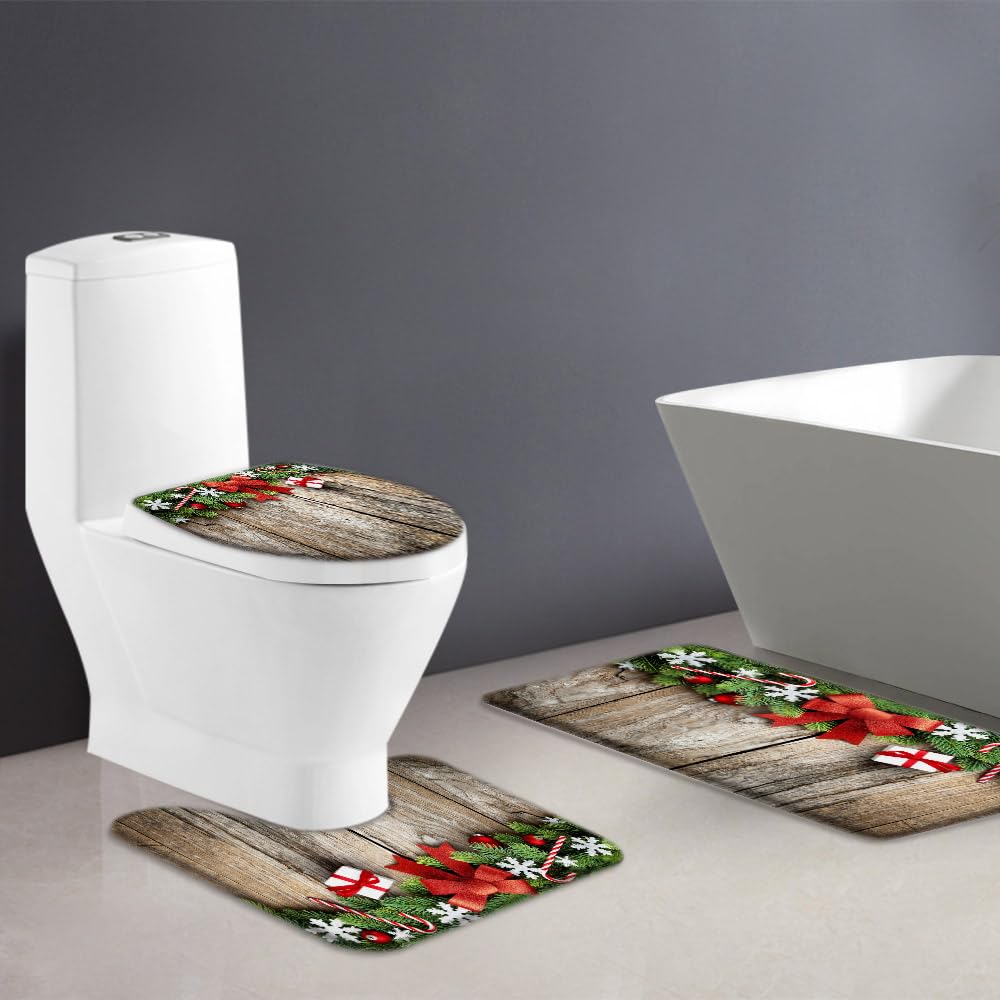 AMHNF 3 Piece Rustic Christmas Bath Mat Sets Vintage Barn Door Farmhouse Pine Twig Christmas Garland Retro Winter Holiday Bathroom Doormat Rugs,Toilet Seat Cover,U-Shaped Floor Mat