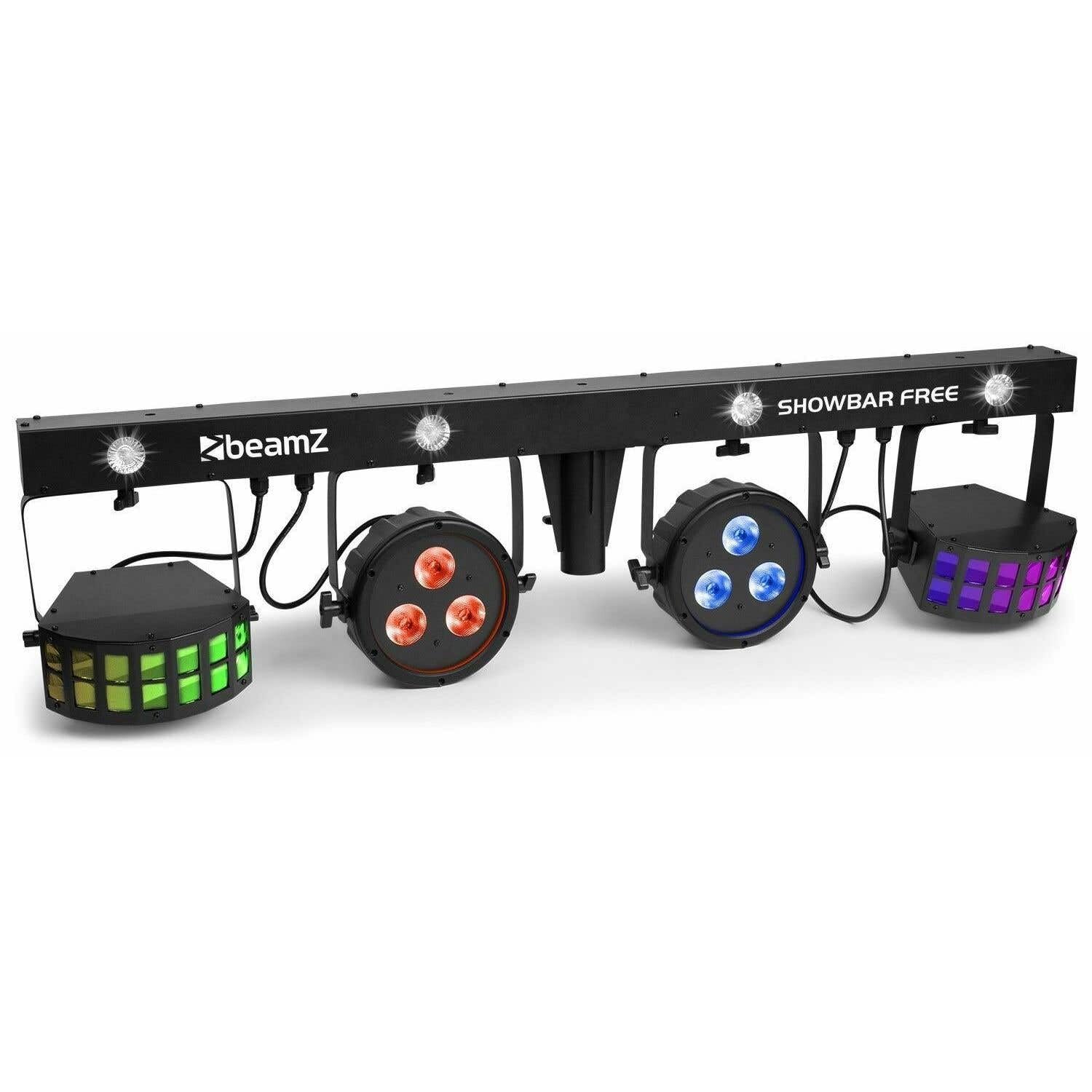BeamZ Showbar FREE - Partybar Lichtanlage LED Bar DMX Disco Licht Party Lichter Discolicht Partylicht mit 2x PAR-Spots, 2x Derby-Lichteffekten und LED Strobo mit Fernbedienung und Tasche