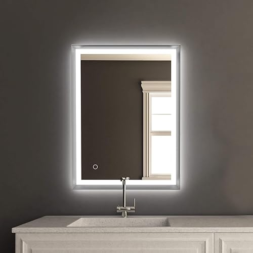 Miniatura 1 de LEDMyplace Espejo de baño LED de 24 x 32 pulgadas con marco plateado, antivaho, luz de 3 colores, regulable, CRI90+, retroiluminado + luz frontal,