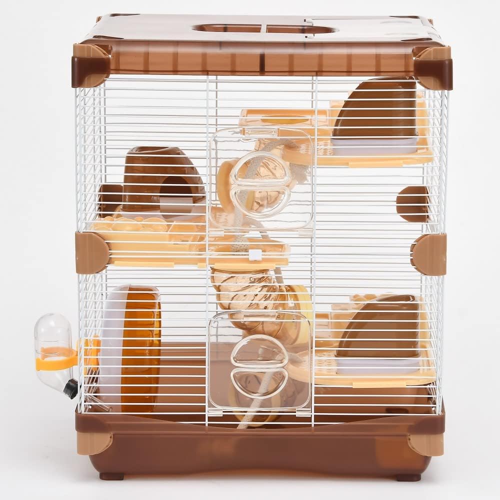 Hamsterkäfig mit 3 Etagen, braun, geräumiges Tablett, leicht zu reinigen, atmungsaktiv, leicht zu reinigen, leicht zu reinigen, Größe 36,8 cm (B) x 26,9 cm (L) x 41,9 cm (H), geeignet für kleine Hamster unter 7,6 cm.