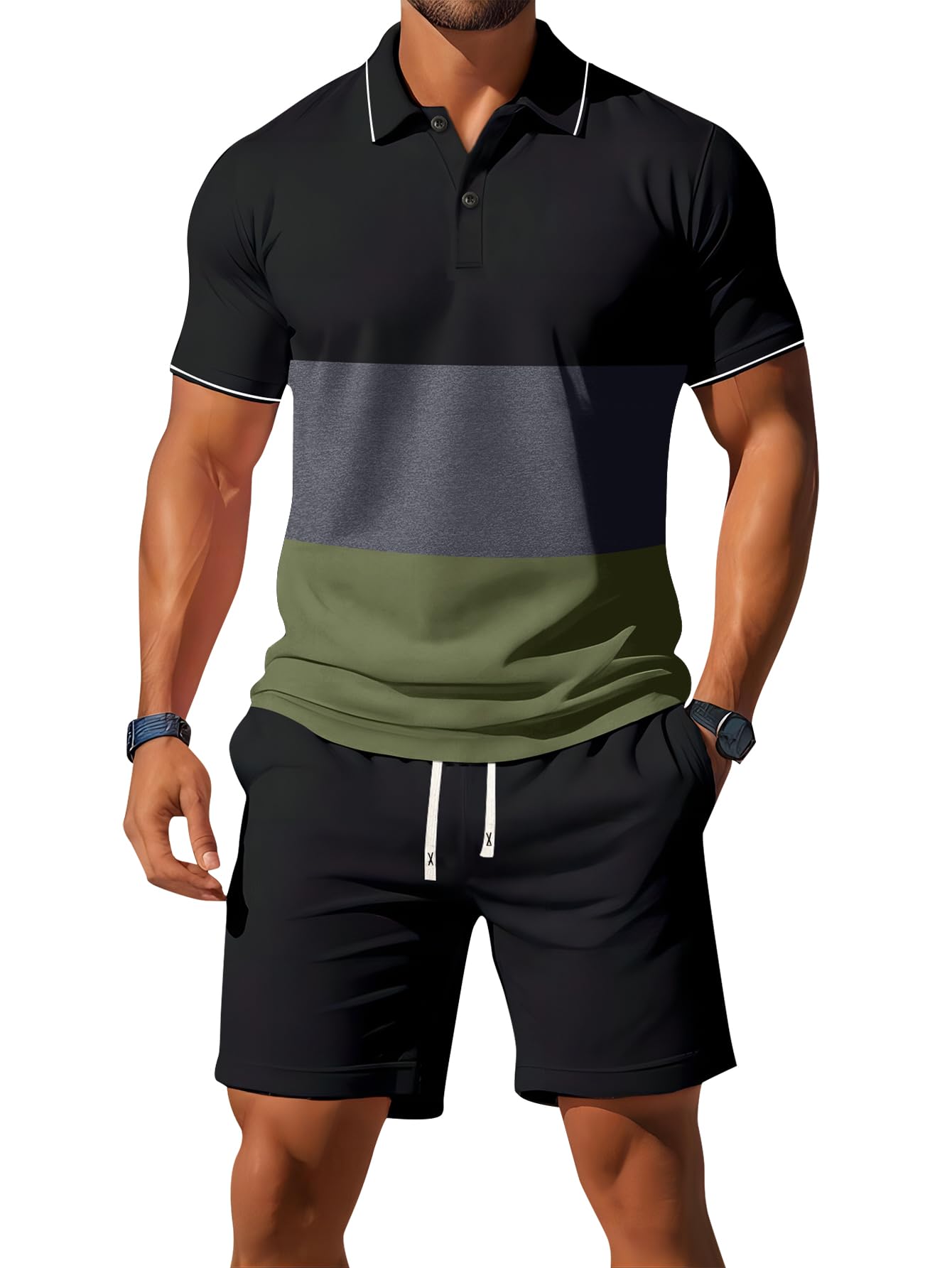 Conjunto de 2 piezas de camisa polo de verano de tres colores para hombre, estilo casual, vacaciones, playa, deportes, atletismo