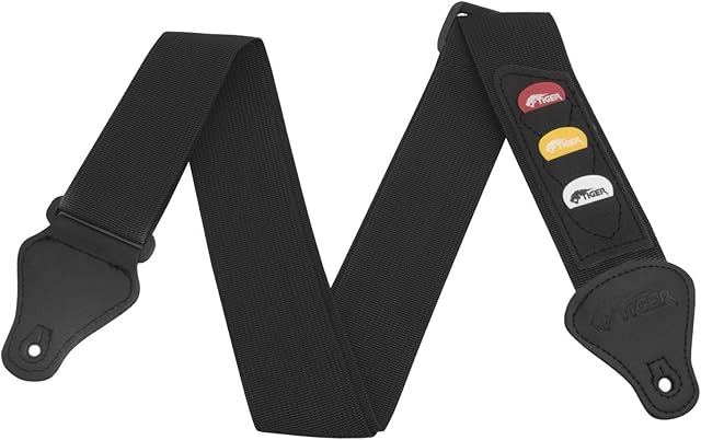 TIGER STP4-BK Guitar Strap with Plectrum Holders - Black