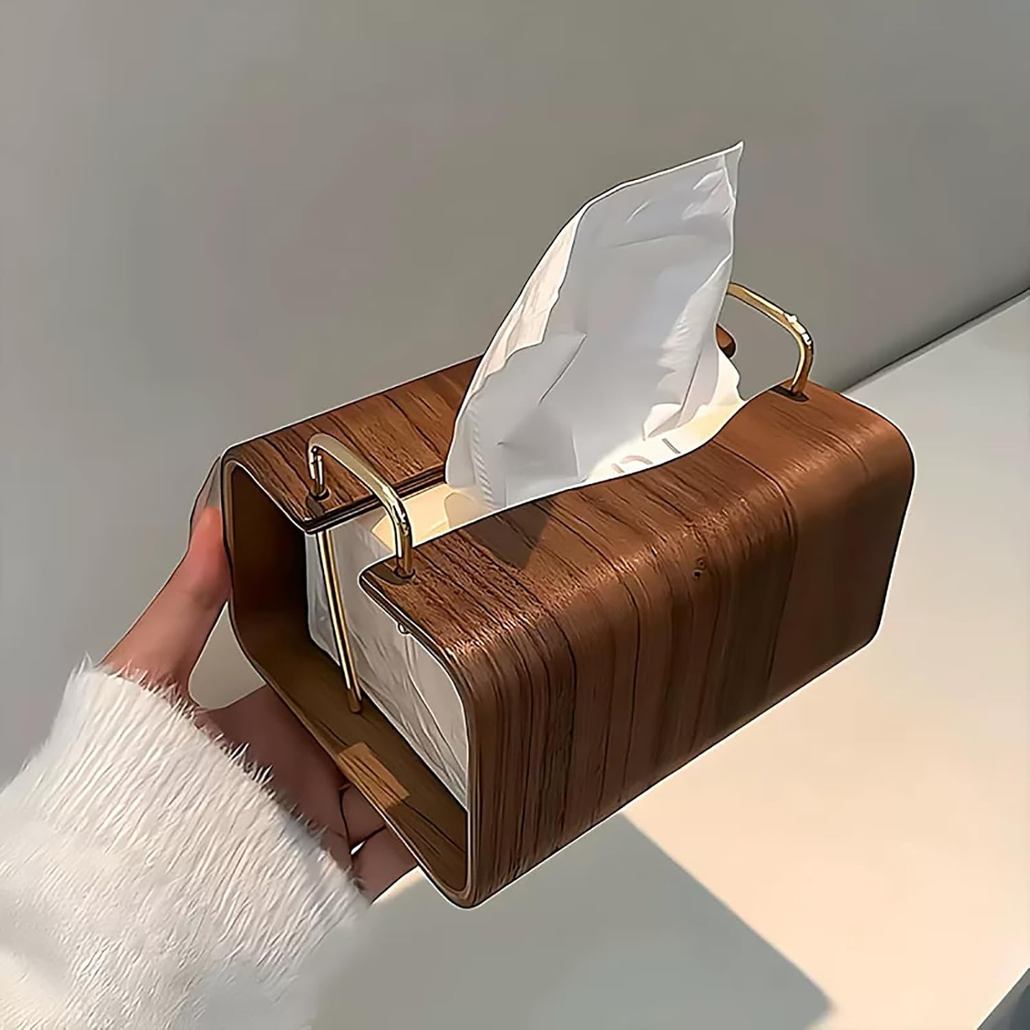 Wooden Tissue Box Holder, Rectangular Napkin Dispenser with Brass Metal Handle, Modern Minimalist Style for Living Room, Bathroom, Office