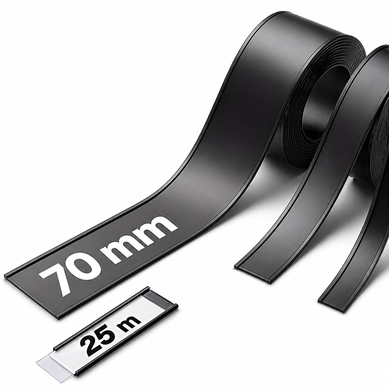 Portaetiquetas magnéticos para estanterías - Perfiles C/Etiquetas magnéticas de calidad industrial. Largo 25m. Papel y PVC protector incluidos. (Ancho 70mm x 25m)