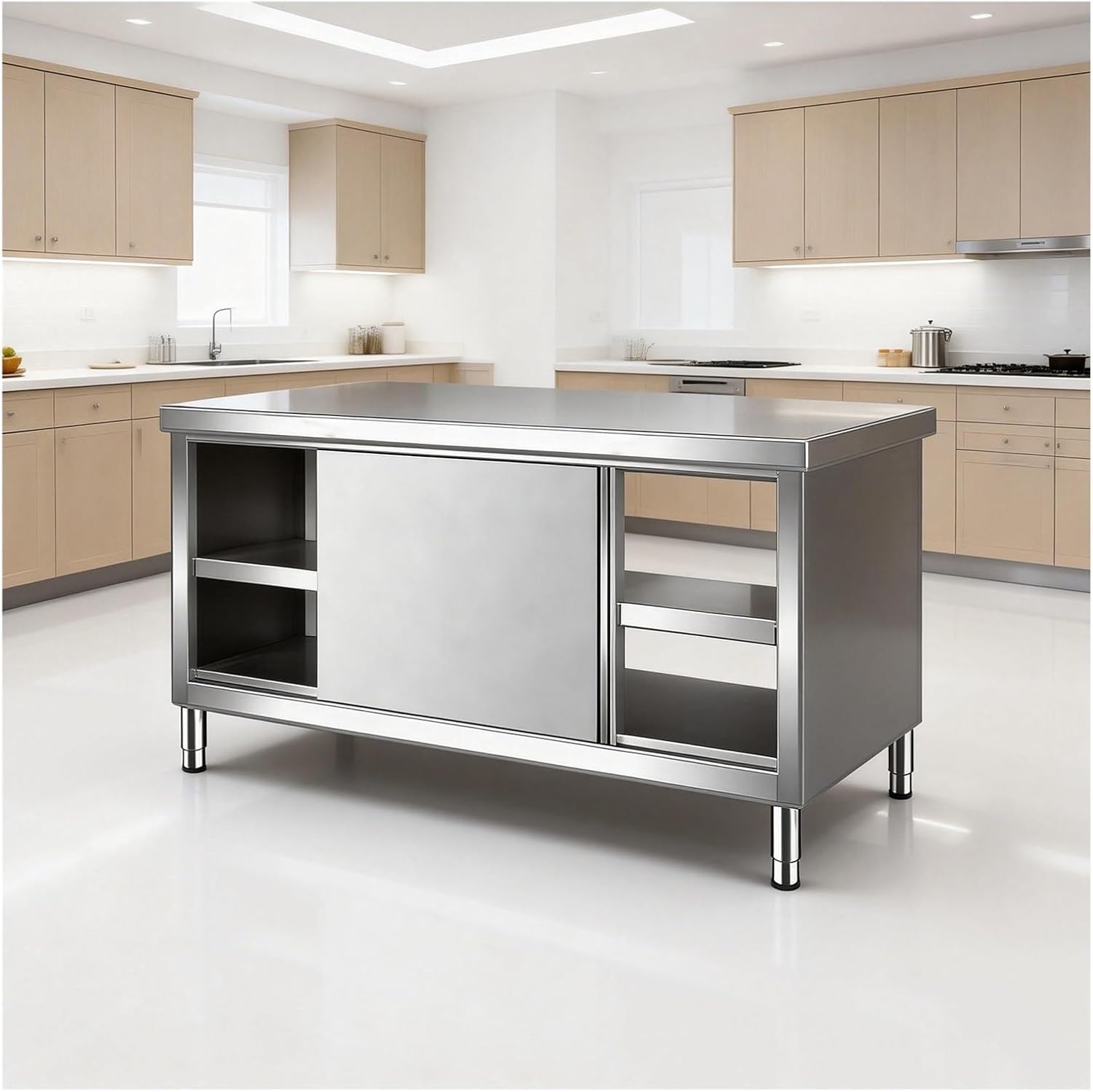 Stainless Steel Workbench with Sliding Doors Adjustable Legs Commercial Kitchen Work Table Reinforced Countertop Beams Folded Edge Design Suitable for Warehouses and Hotels