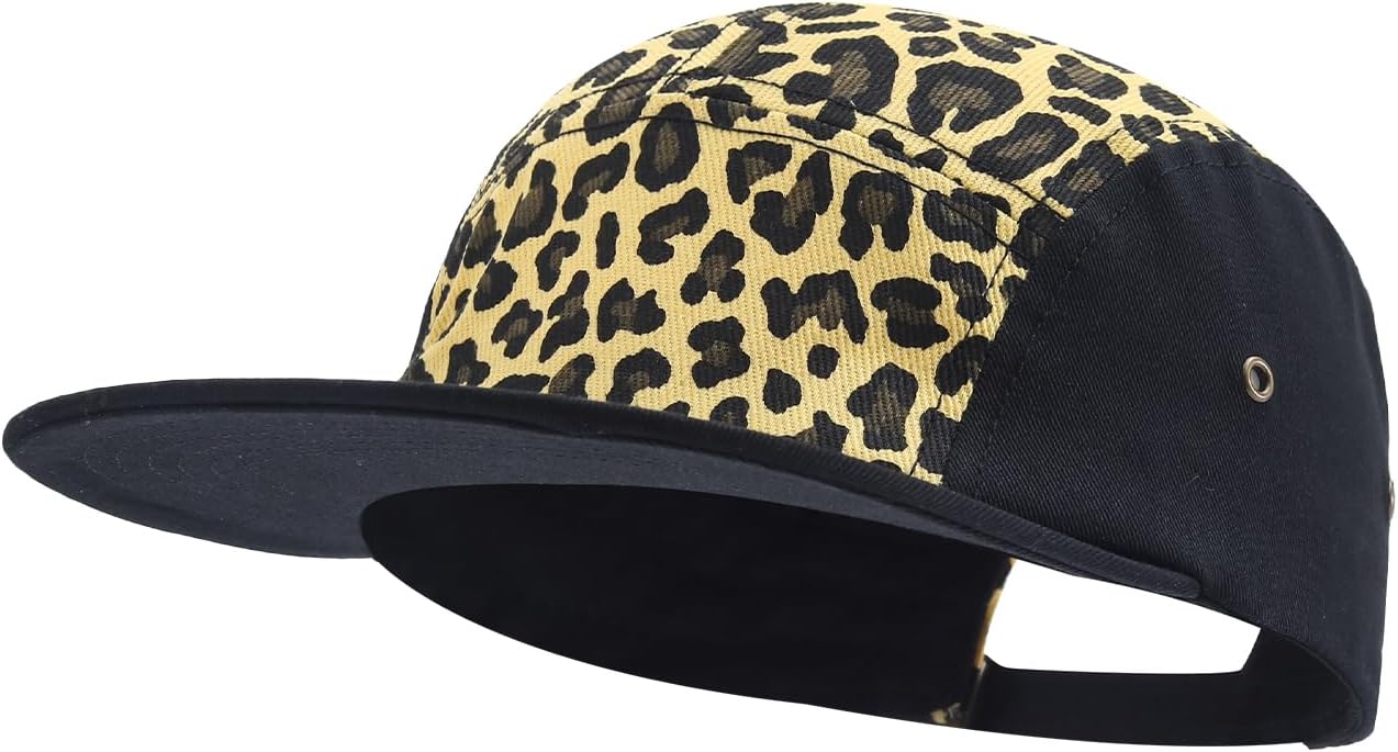 Snapback 5 Panel Hat for Men Women Classic Flat Bill Baseball Cap Trucker Hat Leopard Print Hip Hop Biker Board Cap