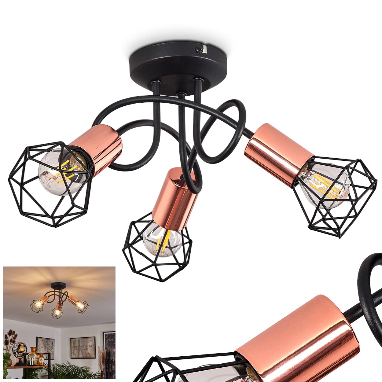 Hofstein Black Baripada Ceiling Lamp, 3-Flame Metal Ceiling Lamp In /Copper, Modern Design Lamp With Lattice Lampshades, 3 X E14 Socket, With Light Effect, Without Bulbs