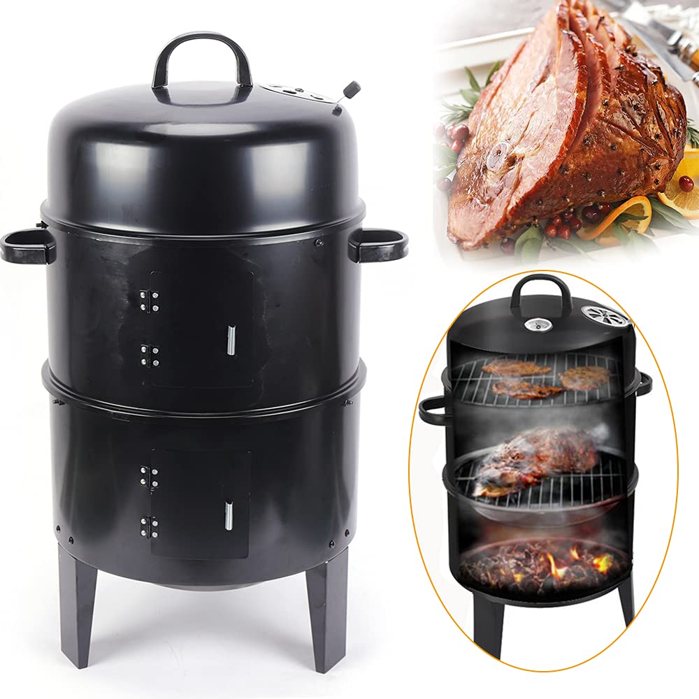 Barbacoa de carbón vegetal 3 en 1 para ahumar, parrilla redonda, horno de ahumar, barbacoa para ahumar, barbacoa de pícnic, portátil, barbacoa de doble capa, barril para ahumar, horno