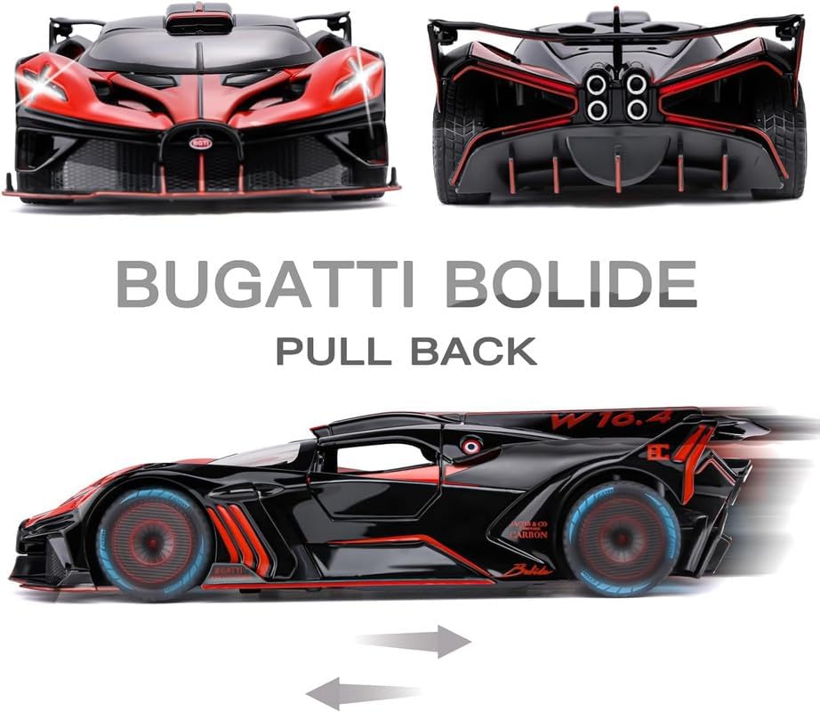 Image of PINQUE Kids New Car 1:24 Big Bugatti Bolide Diecast Alloy Metal Pull Back Car with Openable Doors Music Sound and Light Vehicle Toy for Boys (Red)