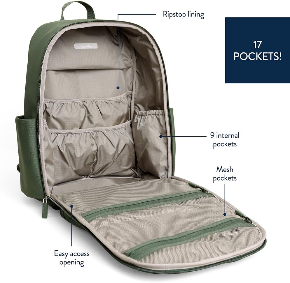 Itzy Ritzy Utility Diaper Bag Backpack – Features 17 Pockets (Including 2 Insulated Bottle Holders) & Trolley Sleeve and Includes Stroller Straps & Changing Pad – Part of the Belong Collection (Green)