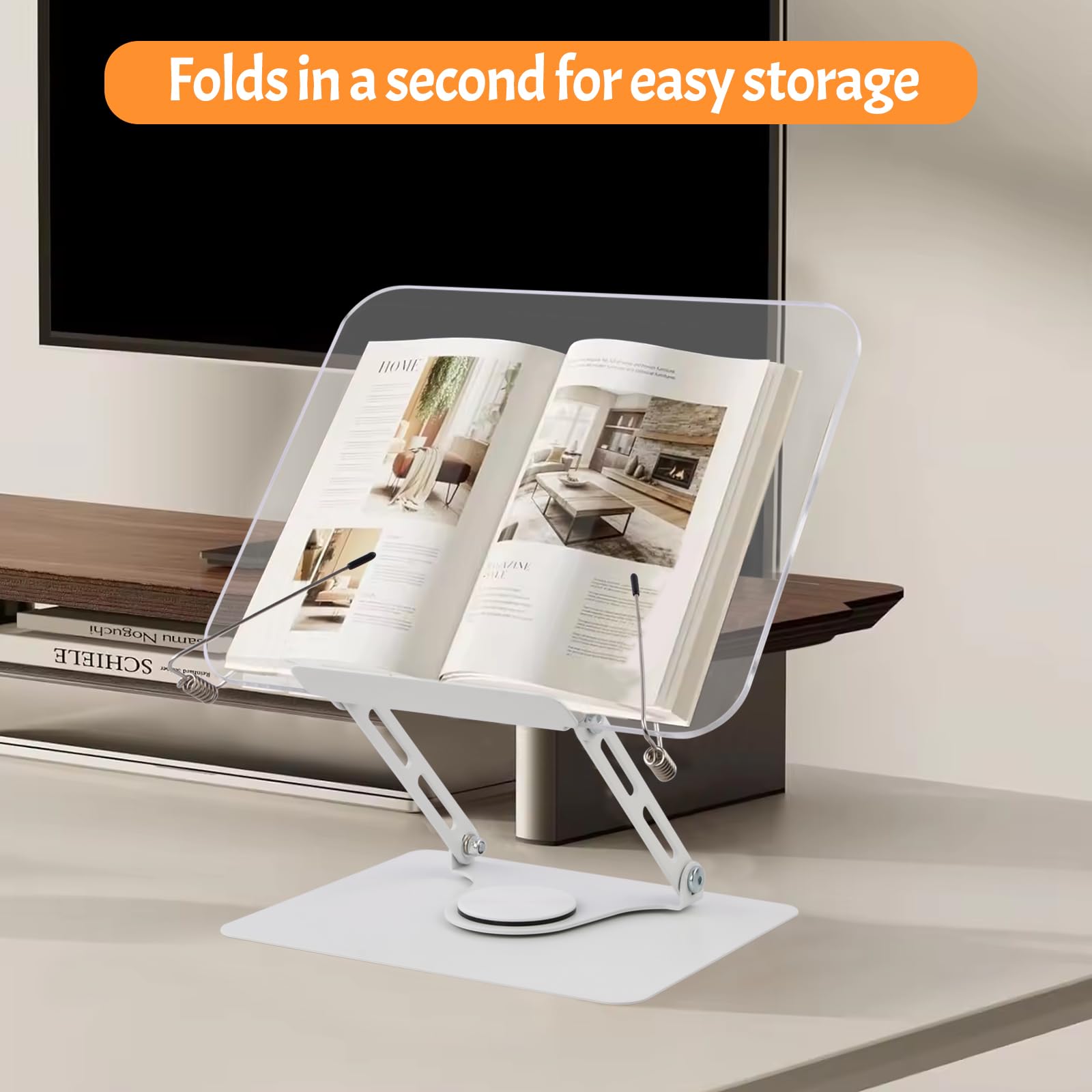 Leggio per Libri in Acrilico con Base Girevole 360° e Clip Elastiche, Regolabile 4,4-39 cm, Pieghevole Porta Libro da Scrivania