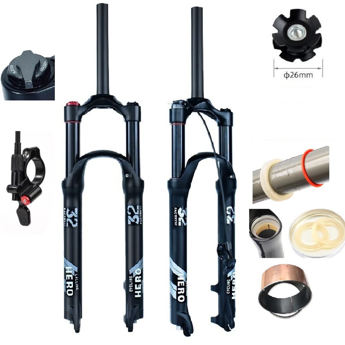 26/27,5/29" widelec pneumatyczny MTB z skokiem sprężyny 100 mm, ultralekki rower górski, rura prosta 1-1/8, widelec przedni ze złączem szybkomocującym, 9 * ręczny / pilot blokady (kolor: