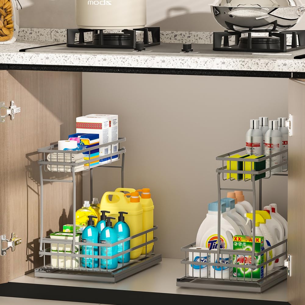 2 Stück Organizer und Aufbewahrung unter der Spüle, 2 Etagen, ausziehbarer Schrank-Organizer, Metallschublade für Küche, Badezimmer, Grau