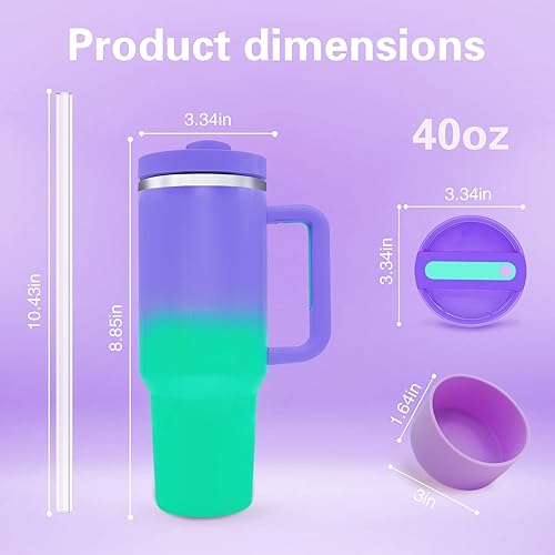Miniatura 2 de Vaso de 40 onzas con asa y tapa con pajilla, taza de viaje aislada al vacío de doble pared de acero inoxidable con funda de silicona, taza de