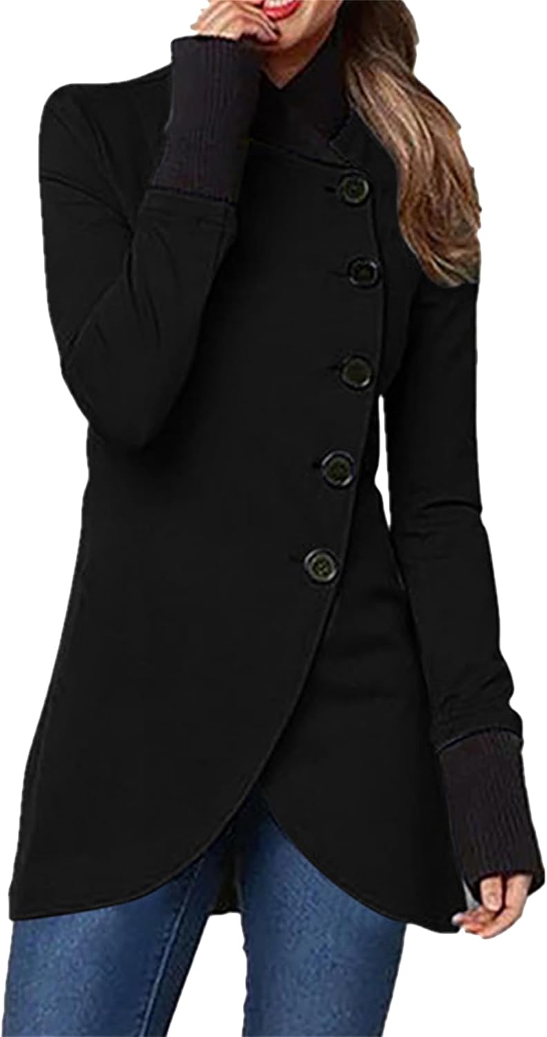 YMING Women Asymmetric Hem Comfortable Autumn Jacket Casual High Neck Coat Fashion Fitted Coats