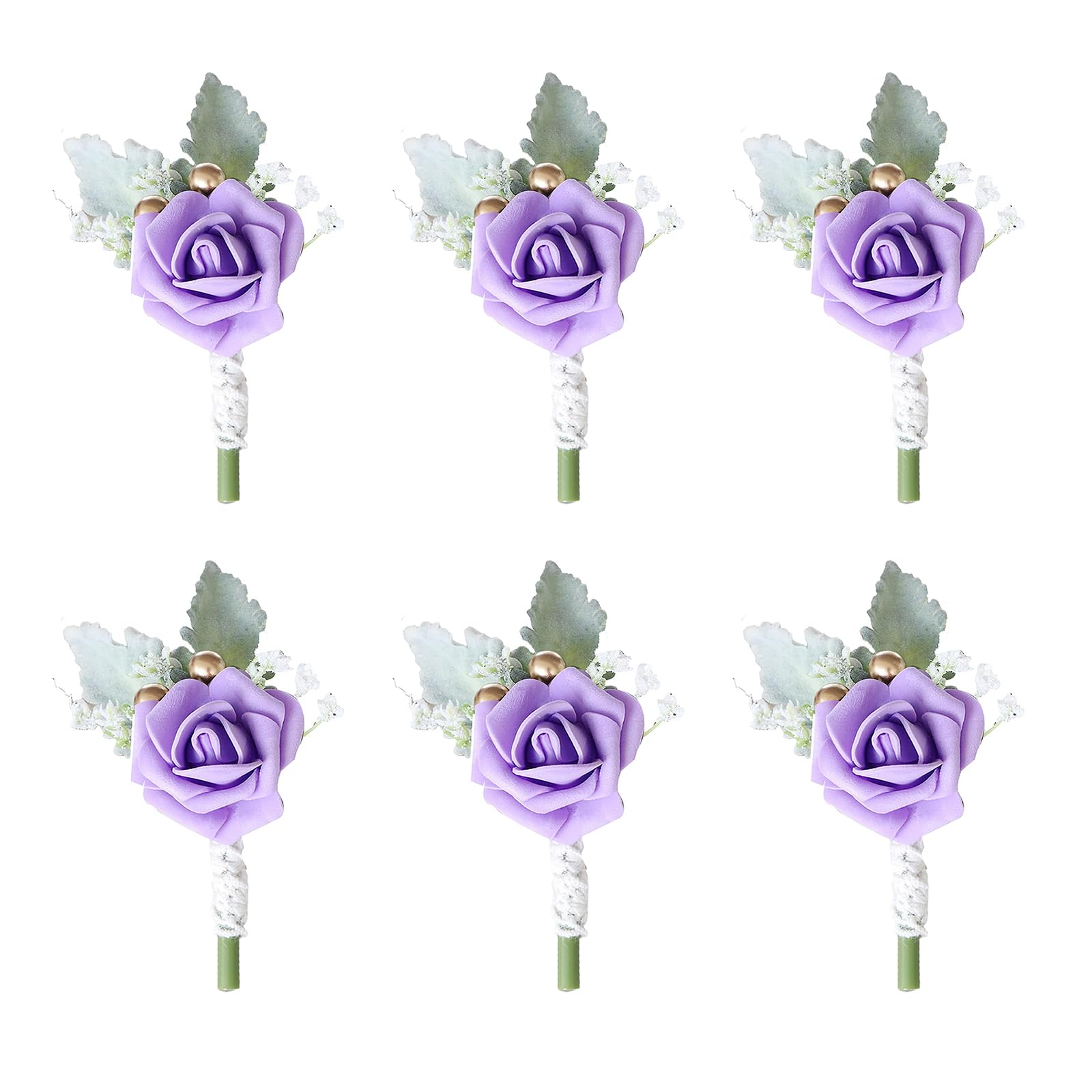 Bryer Men's Purple 6Pcs Boutonnieres For Weddings, Wedding Buttonholes Flowers, Artificial Rose Corsage With Pin 6Pcs Bridal Groom Wedding Flowers,