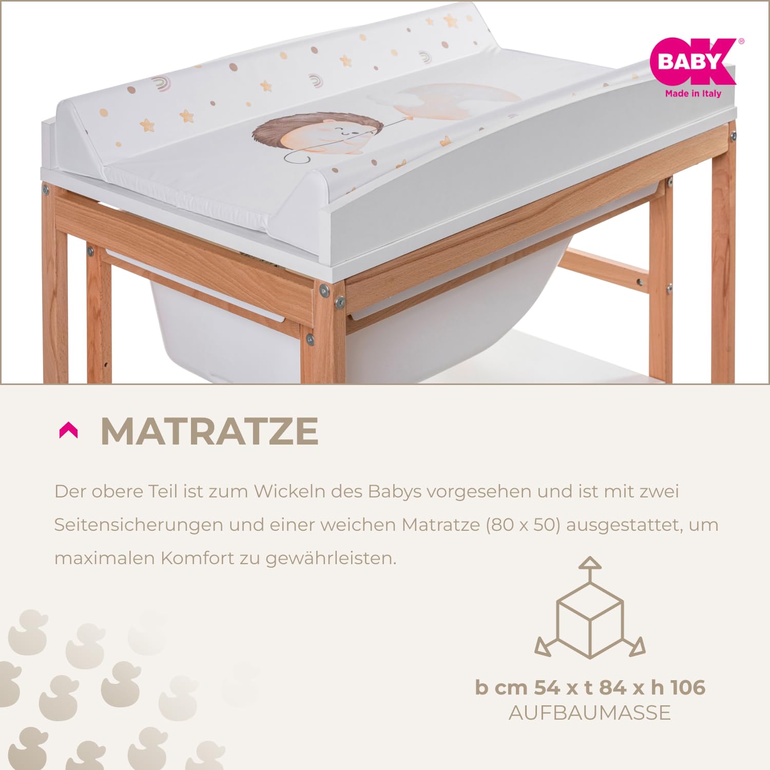 OKBABY Woody – Wickeltisch aus Holz mit ergonomischer Badewanne und Rädern, komplett mit weicher Wickelauflage für Neugeborene – 0–12 Monate (11 kg) – Weiß