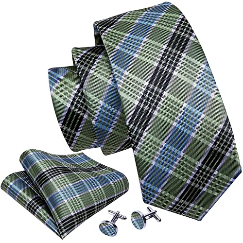 Image of Barry.Wang Plaid Ties for Men Silk Necktie Handkerchief Cuff Links Set