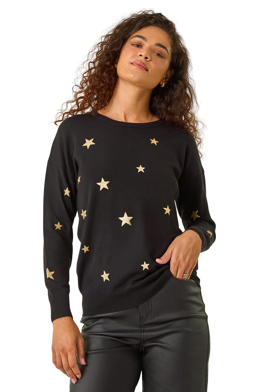 Roman Originals Women's Black & Gold Sparkly Embellished Jumper Diamante Sequin Hotfix Winter Sweater Nye New Year's Eve Christmas Party Going Out Shiny Smart Work Pullover - Size 14