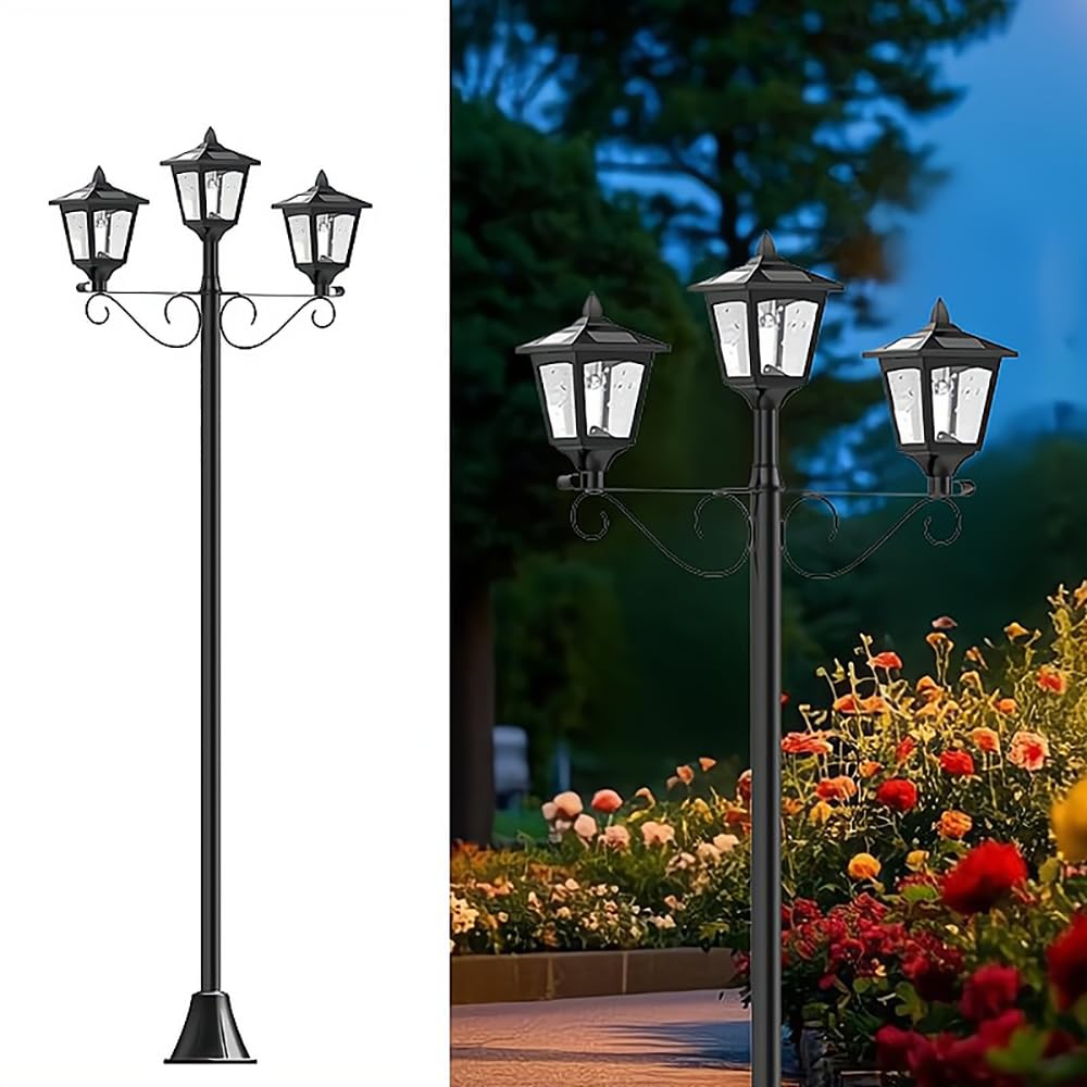 72" Solar Post Lights Outdoor Waterproof IP44, 600 Lumens Triple-Head Vintage Lamp Post with Dusk to Dawn Sensor, Rust-Proof Metal Street Light for Patio, Lawn, Landscape, Decorative, 3-Pack Heads