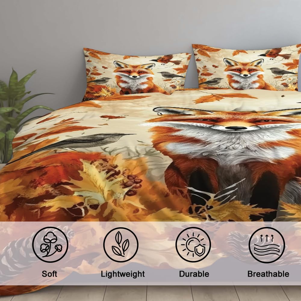 Vintage Maple Leaf Bedding Set – Twin/Full/Queen/King Size Fall Comforter Bedroom Decor – Cozy Autumn Quilt for Thanksgiving Bedroom Decor (Fox Art)