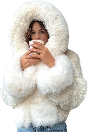 Wyeysyt Womens Faux Fur Coats with Hood Winter Warm Cropped Hoodie Jacket Long Sleeve Thick Short Outerwear with Pockets