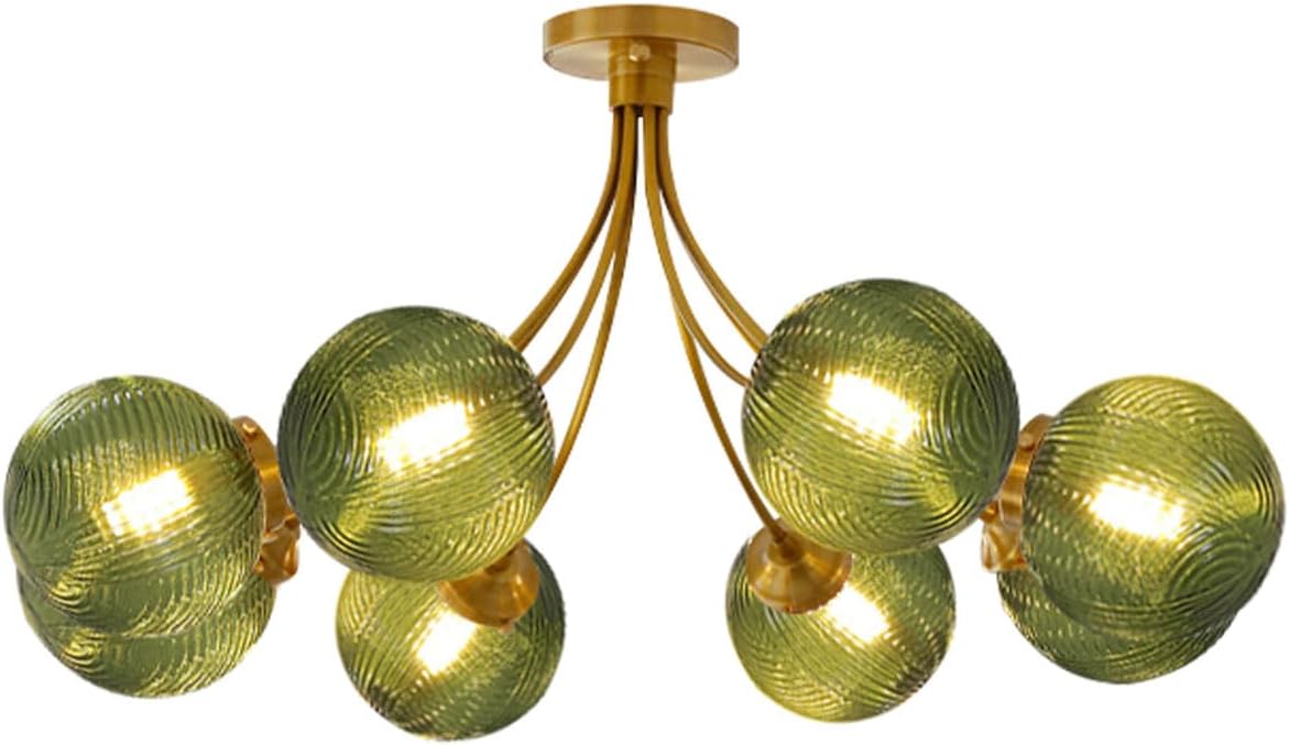 Gold Modern Farmhouse Semi Flush Mount Light, 8-Light Hand-Blown Bubble Glass Chandelier Ceiling Pendant Fixture for Dining Room Living Room Kitchen Bedroom Entryway Foyer