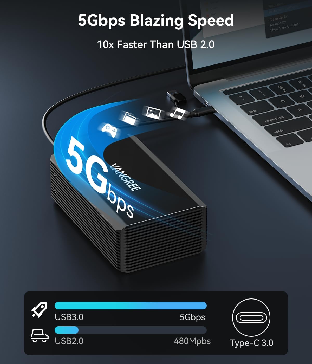 VANGREE Dual Bay RAID Hard Drive Enclosure for 2.5"/3.5" SATA HDD/SSD, Aluminum Tool-Free Enclosure with Cooling Fan, USB A/C 3.0, 5Gbps Speed, 4 RAID Modes, 48W Power Adapter