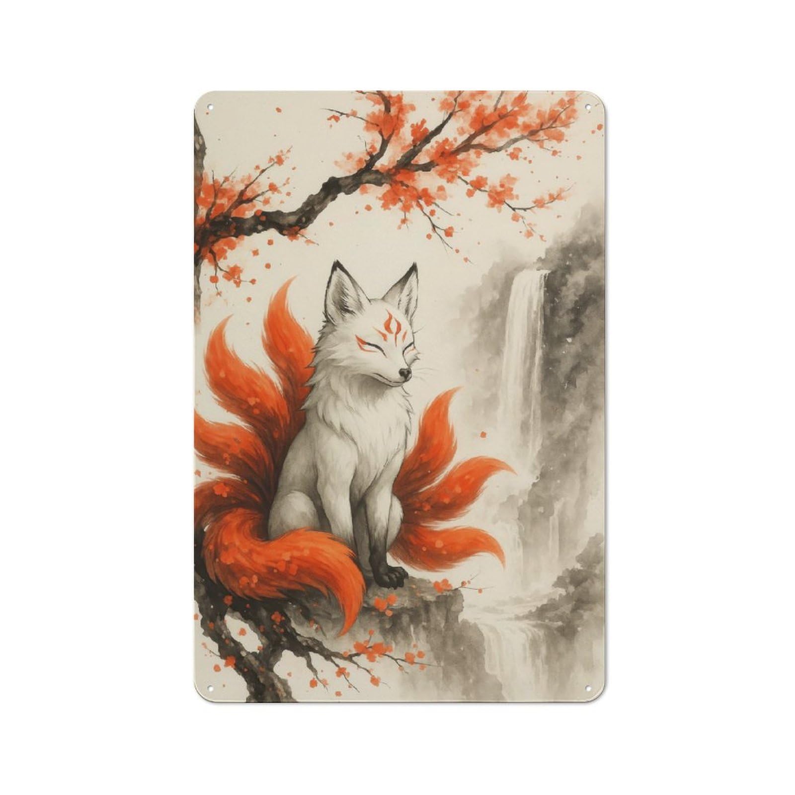 Junmoney Style-3 Nine-Tailed Fox By Waterfall Rustic Metal Sign 30X20cm For Hobby Room Or Studio, Suited To Hobby Room Decor Fans