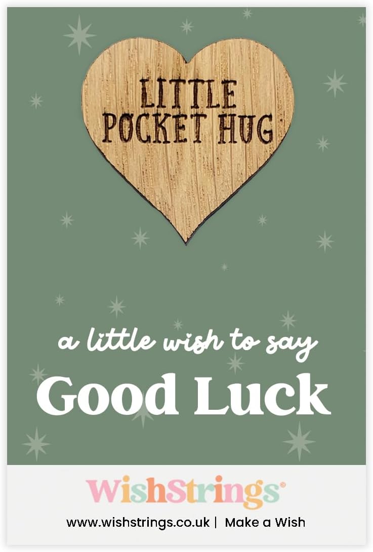 WishStrings Good Luck Gift – Pocket Hug Wooden Heart Keepsake | Handmade Letterbox Gift for Exams, New Jobs & New Beginnings