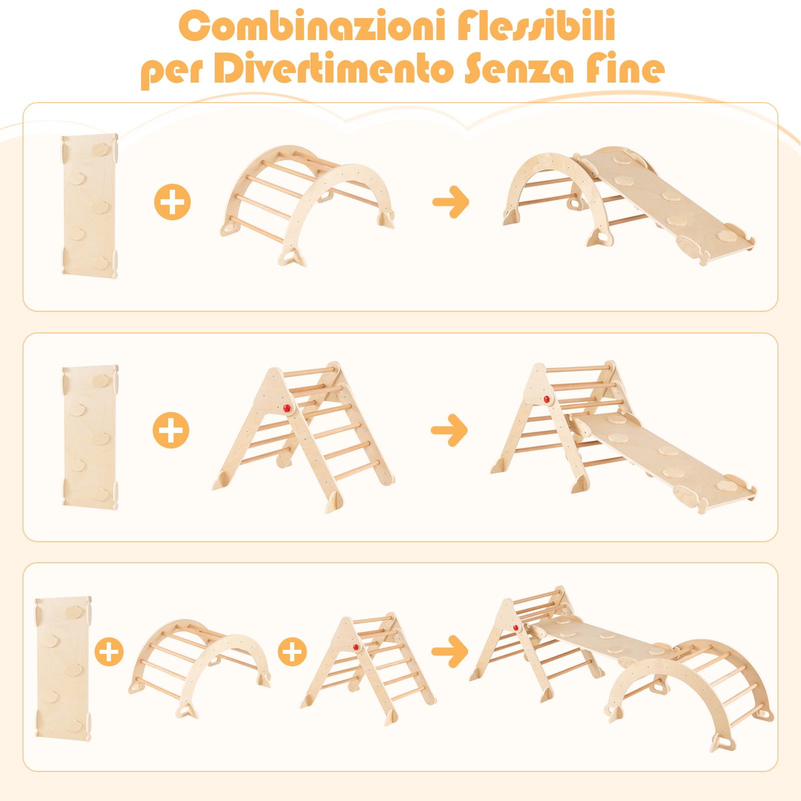 COSTWAY 7 in 1 Set da Arrampicata per Bambini, Giochi Montessori in Legno con Arco, Rampe e Triangolo Pieghevole, Giocattoli da Arrampicata per Bambini 3 Anni+