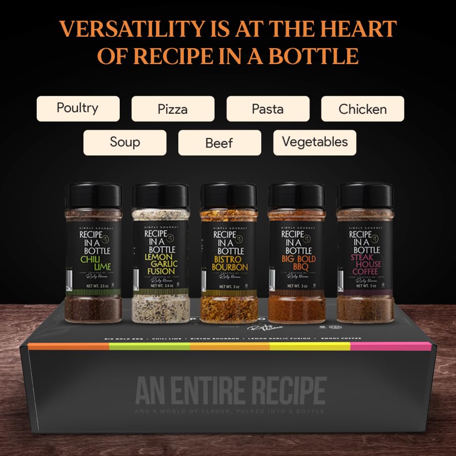 Spice Box Gift Set 5x 3oz Bottles | Premium Blends With Recipe Cards | Best Gift for Foodies | Recipe in a Bottle | Miniature Cooking Adventure in a Box | Simply Gourmet by Rivky Kleiman (Packaging may Vary)