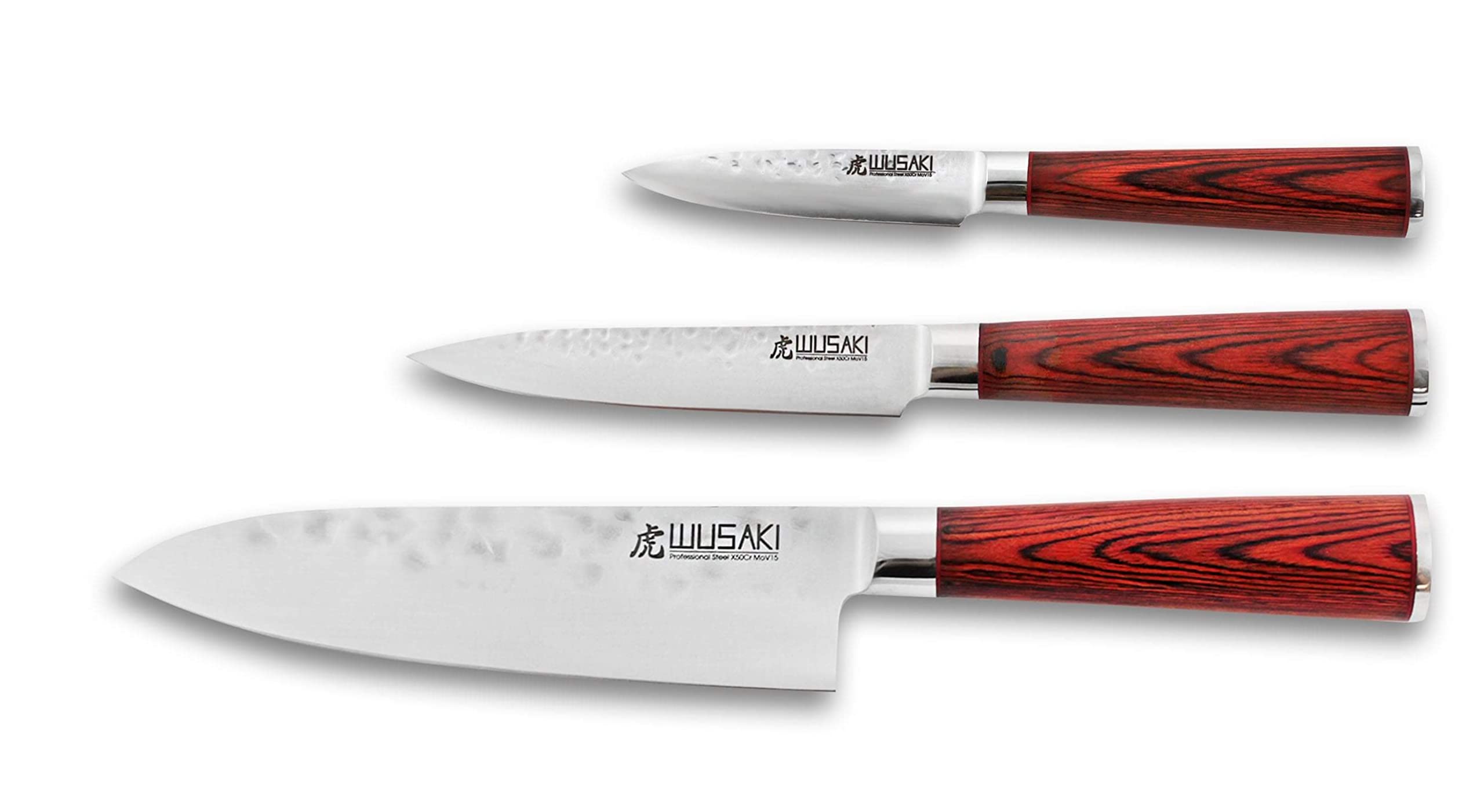 Wusaki - Coffret 3 couteaux de cuisine Pakka lames martelées acier inoxydable allemand X50 bois Pakkawood Santoku + Universel + Office vendu en coffret cadeau
