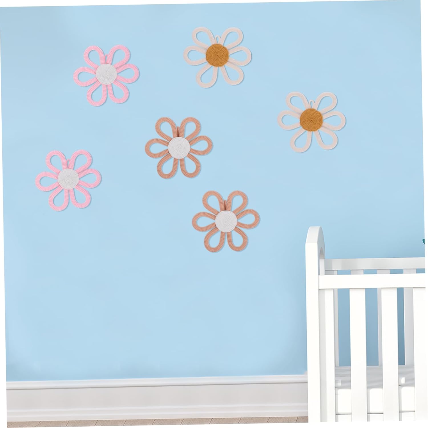 Cabilock 6pcs Handwoven Flower Wall Hanging Decor for Nursery Boho Daisy Pendants for Girls Bedroom and Festive Celebrations