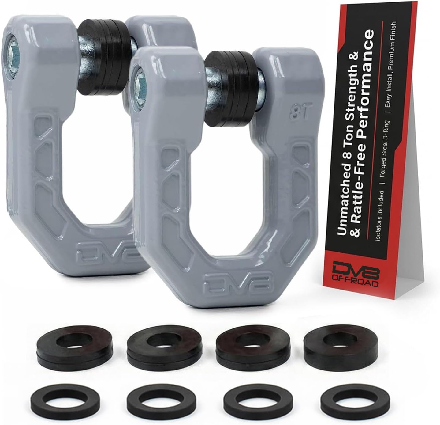 DV8 Offroad Flush Mount D-Ring Shackle Set (2 Pack) - Snag-Free 7/8" Pin & Rattle-Reducing Isolators, 72,000 lb Break Strength 3/4" Recovery Shackles, Gray