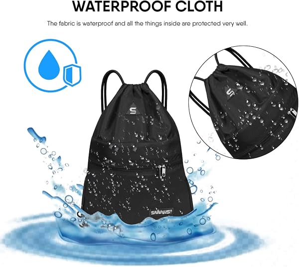 SAWANS Bolsa deportiva de gimnasio con cordón, bolsa impermeable con bolsillo para mujeres y hombres, kit de viaje para senderismo, escuela, estudiantes, bolsa de polietileno al aire libre, natación - 3