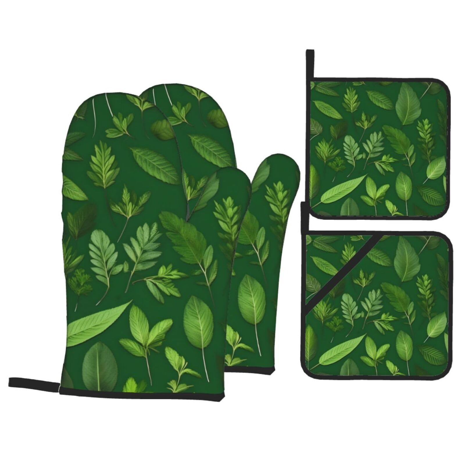 Herb Plant Leaves Print 4-Piece Oven Microwaving Set Waterproof Kitchen Gloves for Baking Grilling Cooking