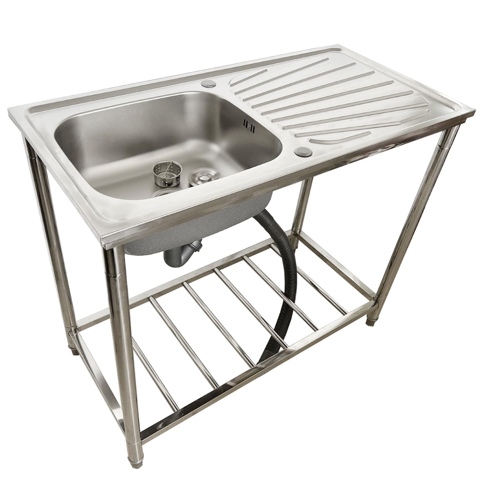 YADZISW Stainless-Steel Single Bowl Commercial Restaurant Kitchen Sink Set with Drainboard, Prep & Utility Washing Hand Basin Storage Shelves Indoor Outdoor
