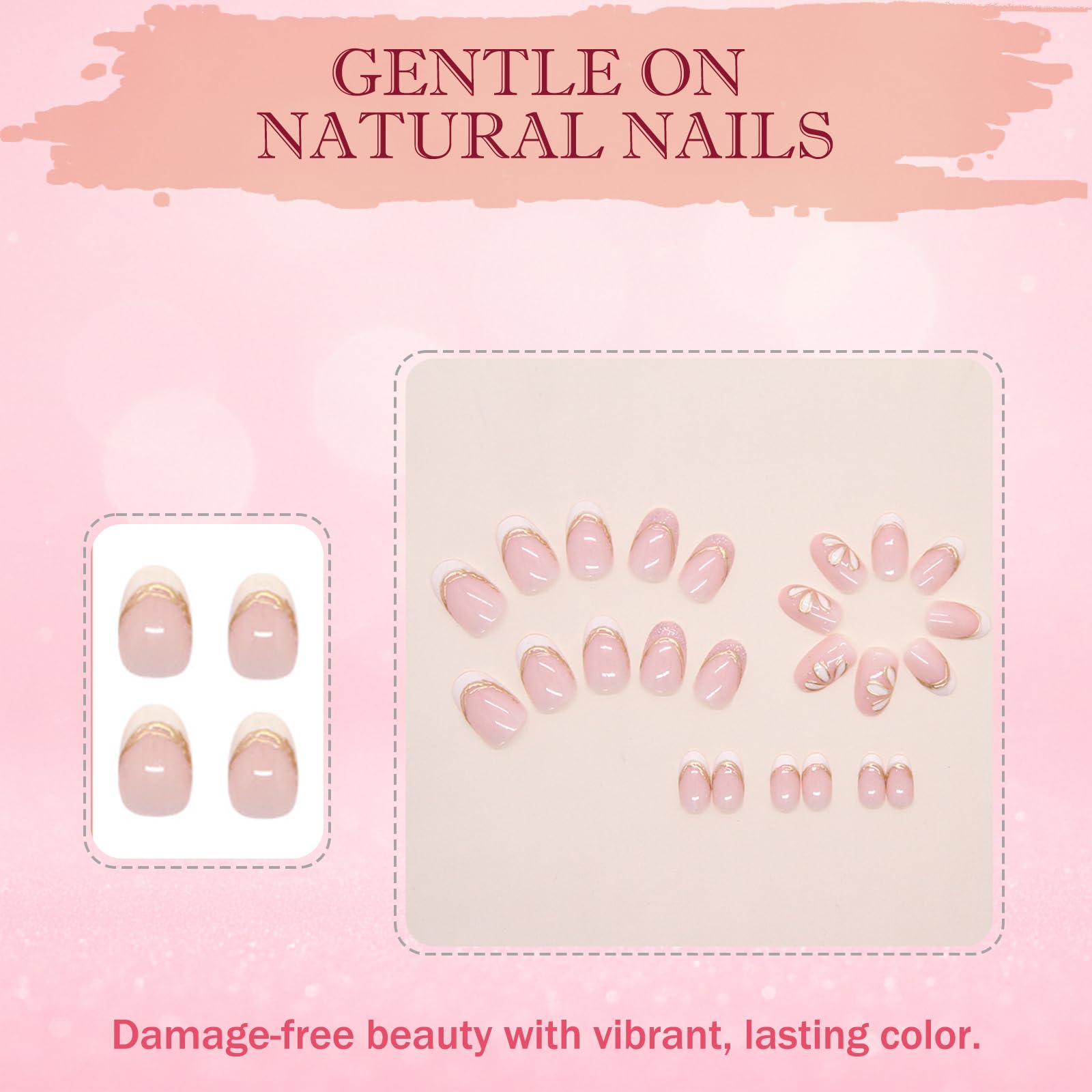 24PCS French Press on Nails Short Almond Shape with 3D Gold Flower Design - Image 4
