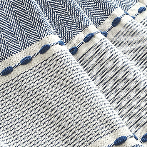 Lush Decor Herringbone Stripe Yarn Dyed Cotton Woven Tassel Blanket, 60" X 50", Navy #TOP2