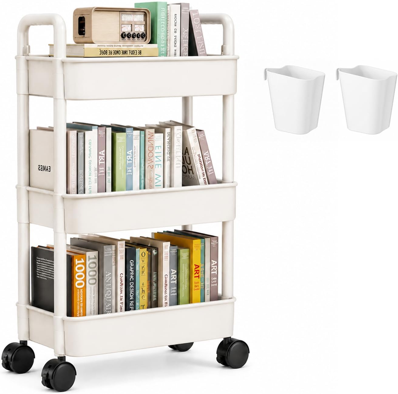AUTOYSUR Rolling Cart with Lockable Wheels,Multifunctional Storage Shelves with Handle, Mobile Shelving Unit Cart Kitchen Storage Organizer for Bathroom,Laundry,Living Room (White, 3-Tier)