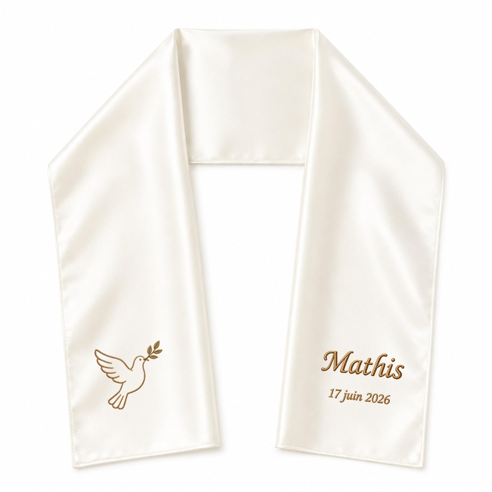 Étole de Baptême Personnalisée 15x120cm | Écharpe Blanche Satinée Brodée Prénom Date | Motifs Religieux au Choix | Coffret Cadeau Bébé Enfant