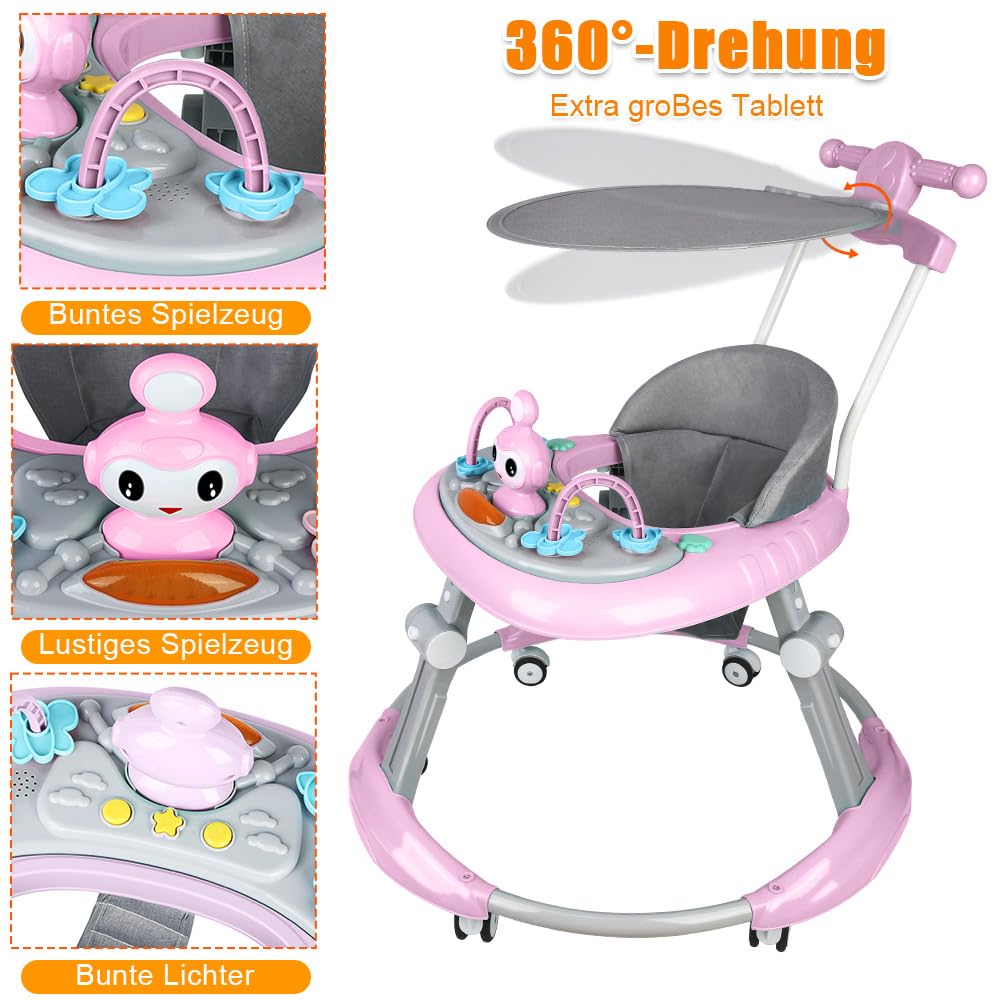 Girarrosto pieghevole per bambini, altezza regolabile, girello per neonati con musica, giocattolo per bambini, carico massimo 20 kg (rosa-67 x 67 x 79 cm)