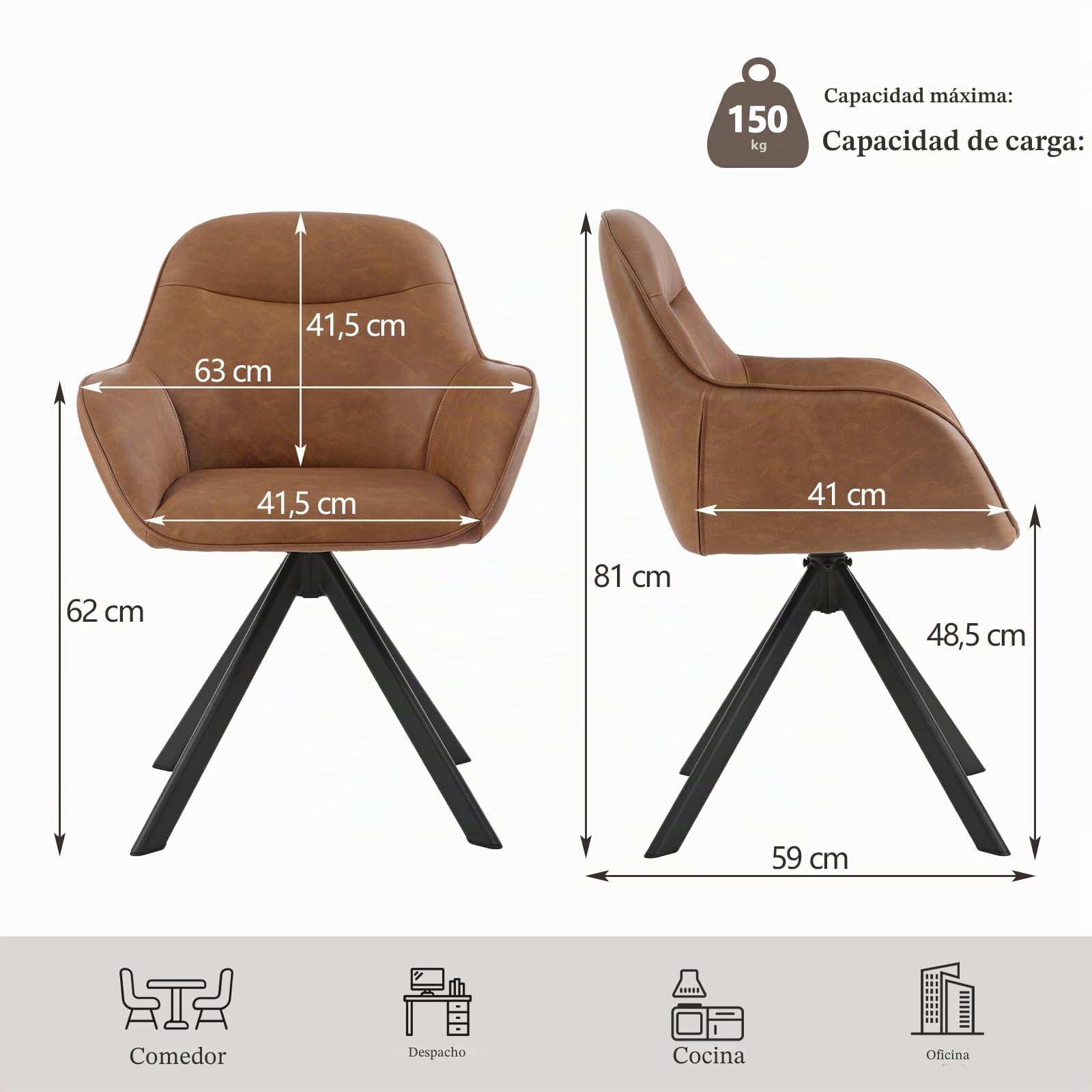 Pack de 2 Sillas de Comedor Giratorias con reposabrazos, Silla Giratoria 360°, Silla en Piel sintética, Silla de Oficina o Cocina, Marrón