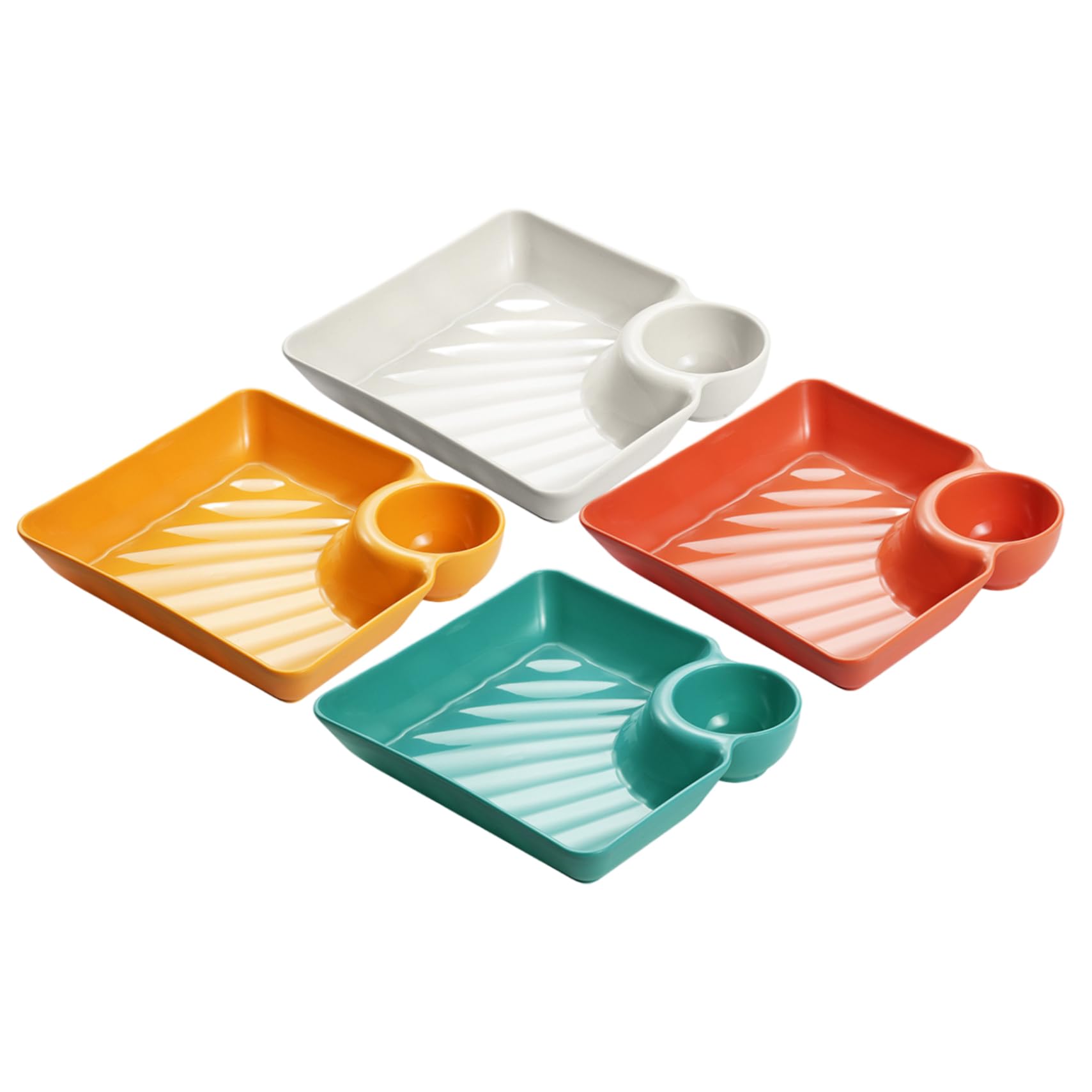 Ginwrek Dumpling Plate 4-Pack Chips and Dip Serving Dish, Reusable Snack Plate Sauce Separated Square Dumpling for Sushi, Appetizers, and Party, 4 Colors