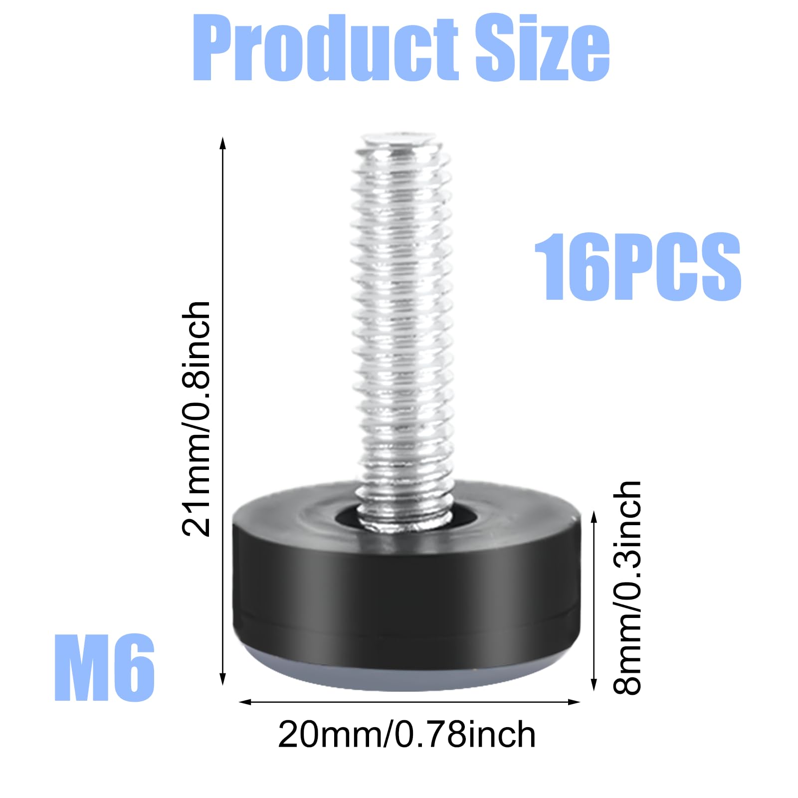 16 sztuk ślizgaczy teflonowych 20 x 6 mm, nóżki do mebli z gwintem M6, ślizgacze do krzeseł z gwintem, nóżki do mebli tarasowych M6, ślizgacze meblowe z gwintem z PTFE, do krzeseł, stołów, sof