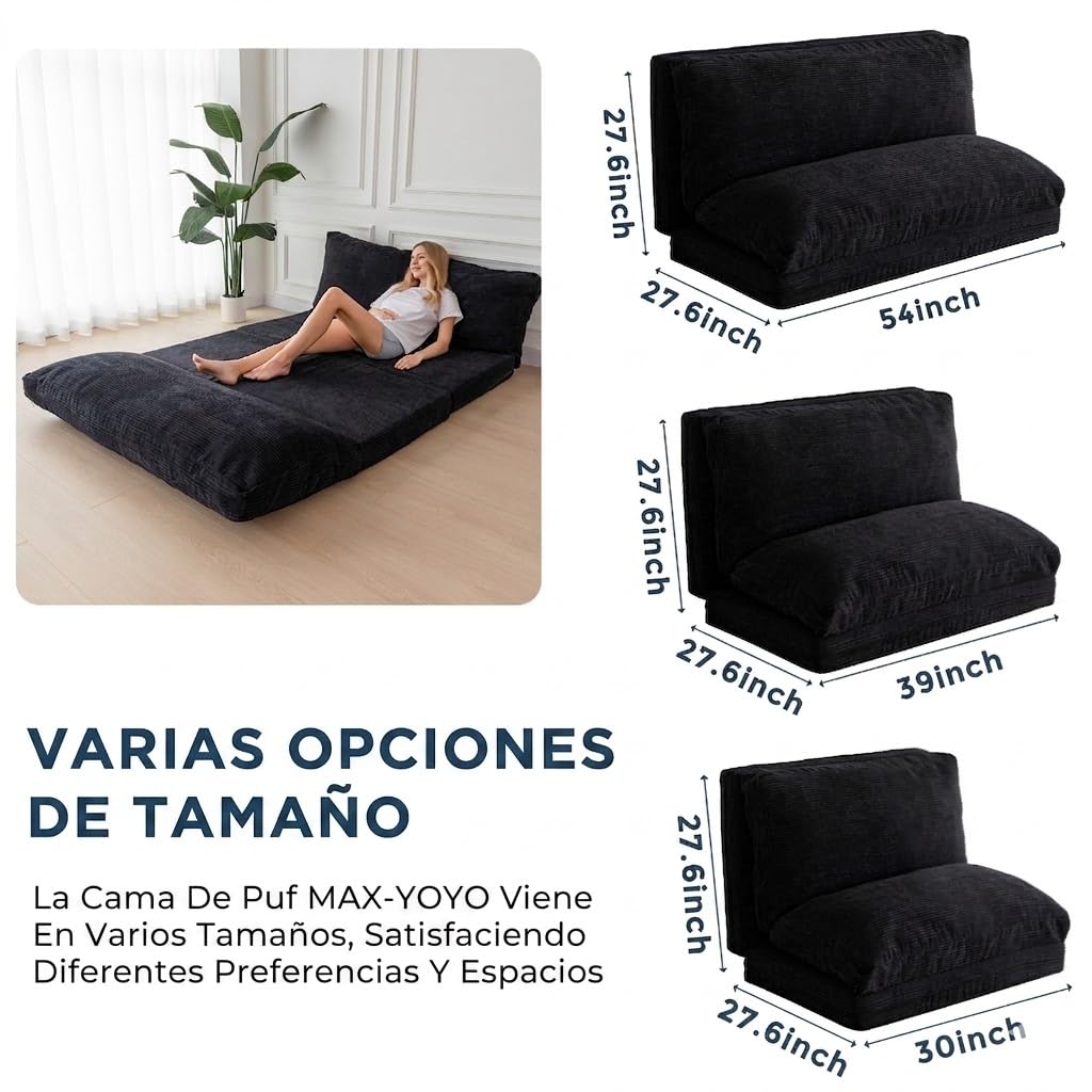 MAXYOYO - Puf plegable de pana con relleno de espuma, extra grueso, 4 capas, colchón/sofá de suelo para adultos, funda extraíble y lavable a máquina, color negro, 135 x 240 cm