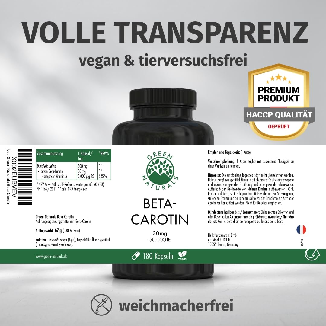 Green Naturals Beta-Carotin – Hochdosiert: 300 mg (50.000 IE) – 180 Kapseln | Aus Mikroalge Dunaliella salina · 6-Monatsvorrat