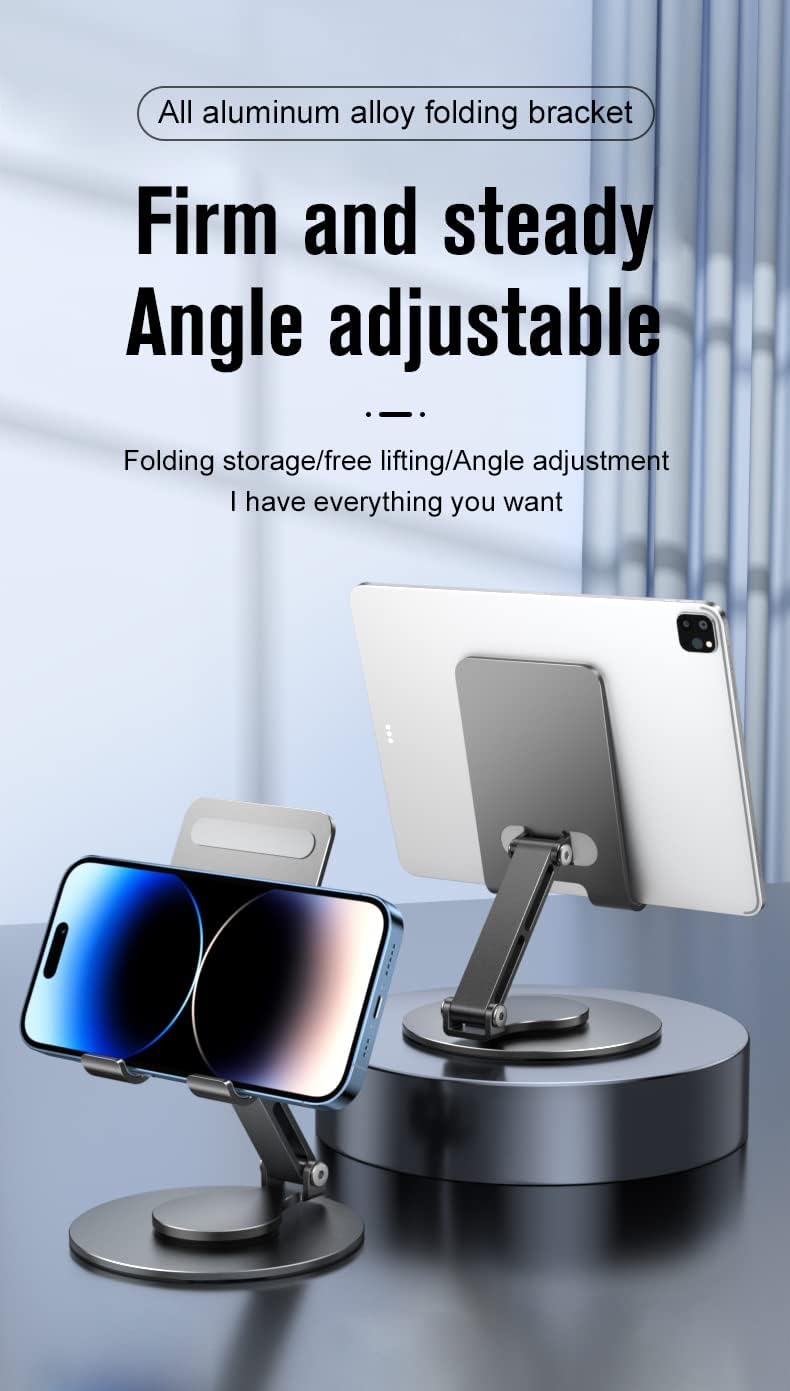 Cell Phone Stand 360° Rotation Phone stand Height Adjustable Cell phone Holder Foldable Aluminium Alloy Stand Compatible with All Mobile Phones, iPad, Tablet 4"-12" Desk Accessories (Grey)